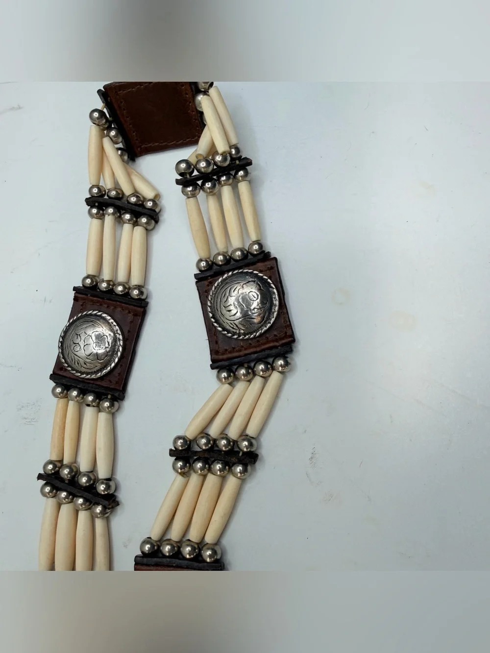 Vintage Western Leather Concho Tie Belt Bone Beads Southwestern Handmade